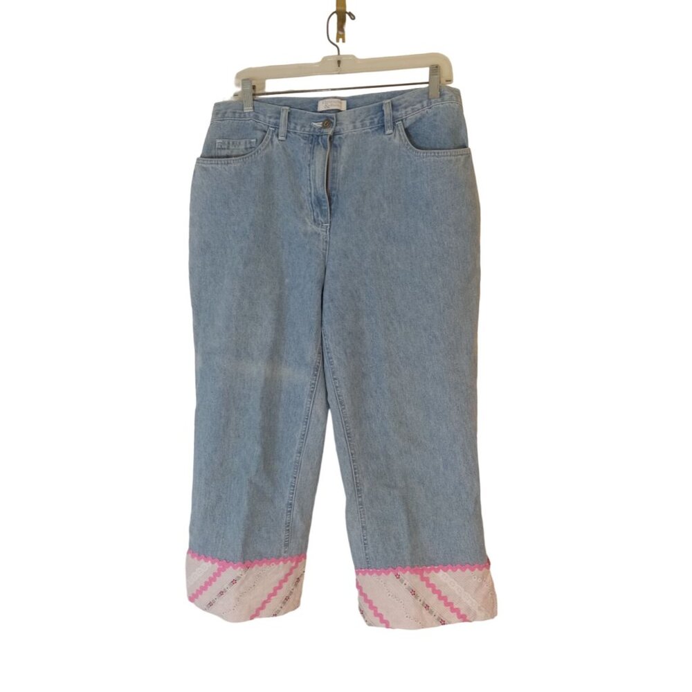 Christopher And Banks Capri Jean Pants Womens Size 10 Blue Pink Flower Pockets